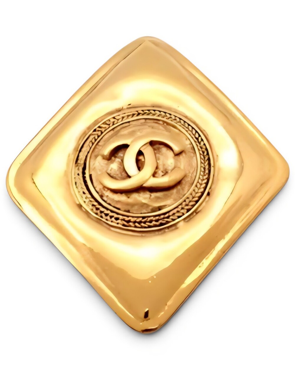 CHANEL Gold-Tone Diamond-Shaped Brooch with Double C Medallion